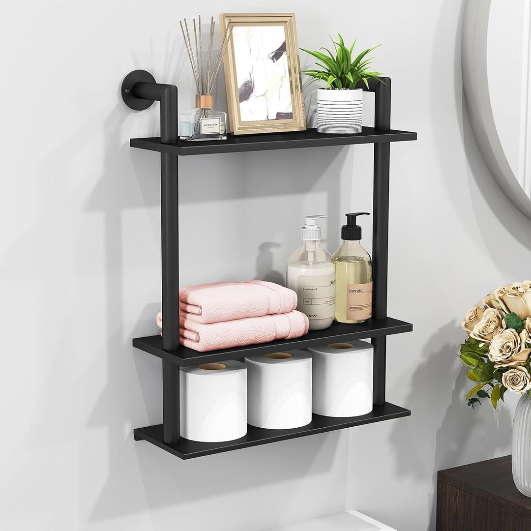 Floating Shelves, Wall Mounted Metal Floating Shelves Black with Frame and Towel Rack for Bathroom, Living Room, Bedroom, Kitchen (3 Tier)