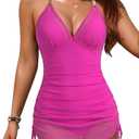Aqua Eve One Piece Swim Dress - Tummy Control Swimsuit Modest Bathing Suit with Skirt V Neck Mesh Swimwear 2025 (Pink, M)