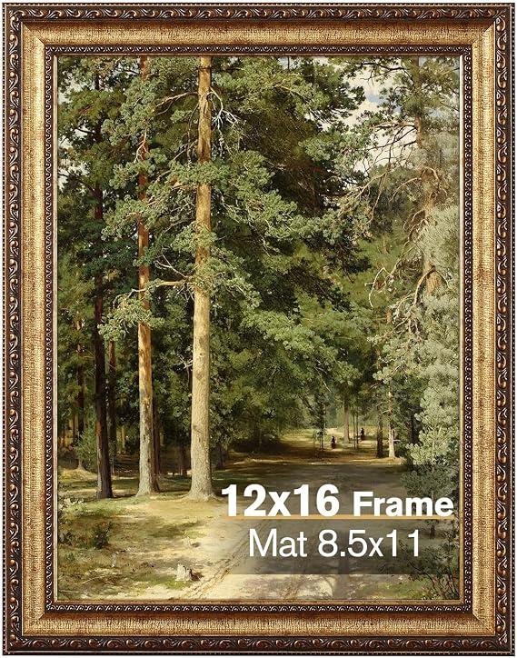 Splinterix 12x16 Gold Picture Frame Vintage, Matted to 8.5x11 Print, Large
12 x 16 Antique Brass Photo Frame with Mat, Ornate Dark Gold, Real Glass, Wall Mount, Vertical or Horizontal, Home Gallery