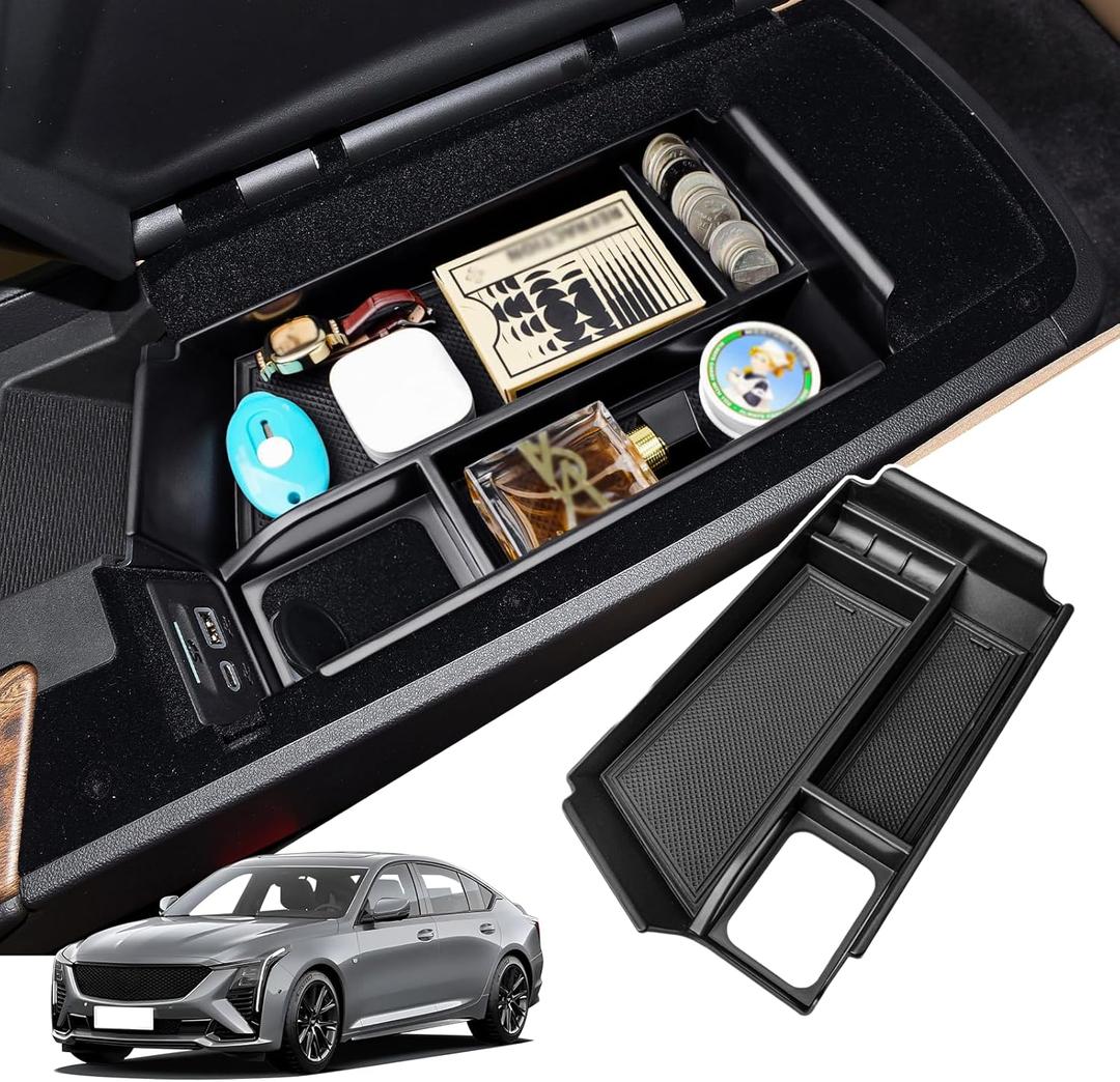 Center Console Organizer Tray Compatible with Cadillac CT5 2020 2021 2022 2023 2024 2025 2026 Accessories, Armrest Box Insert Tray Secondary Storage Box for 2020-2025 2026 CT5, with Coin Holder