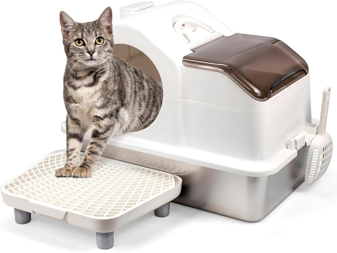 Stainless Steel Cat Litter Box with Lid, Enclosed Litter Box with Scoop, High Sided, Anti-Urine Leakage, Odor Control, Non-Sticky, Removable Lid for Semi-Enclosed Use