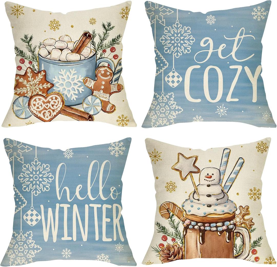 Hello Winter Blue Decorative Throw Pillow Covers 18x18 Set of 4, Get Cozy Hot Cocoa Gingerbread Cookie Snowflakes Porch Outdoor Home Christmas Decor, Holly Berry Pine Cone Snow Couch Cushion Case