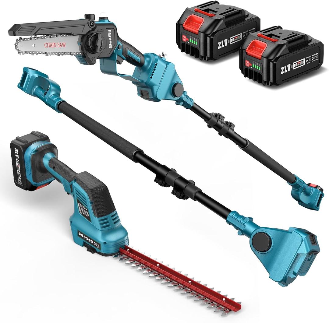 SEESII 6-in-1 Cordless Pole Saw & Hedge Trimmer Grass Shears Combo Kit, Electric Mini Chainsaw with 24.0 Ah Batteries, Extension Tree Pruner, Bush Trimmer Limb Branch Cutter, 16ft Long Reach