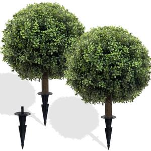Artificial Boxwood Topiary Ball Tree Set of 2, 25.2" UV Resistant Artificial Outdoor Shrubs with Ground Spike, Decorative Evergreen Fake Topiary Bushes Plant for Front Porch Garden Decor