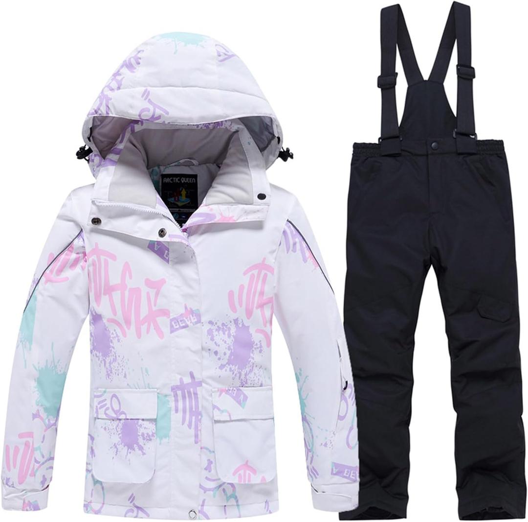 WOWULOVELY Girl's Winter Skisuit Thicken Warm Hooded Snowsuit Toddler Ski Jacket Pants Set (8, 1028 Black)