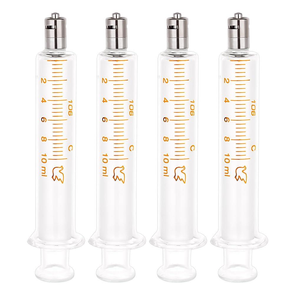 OLYCRAFT 4Pcs Reusable Glass Syringe 10ml Reusable Glass Dispensing Syringes with Metal Luer Lock No Needle Measurement and Dispensing Syringe Tools for Industry or Labtoratory Liquids or Pet Feeding