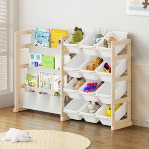Toy Storage Organizer -Toy Storage Organizer with Bookshelf, 12 Storage Bins 4-Tier Bookshelf to Organize Toys and Books for Kids Room,Playroom, Kids Toy Storage, Burly Wood