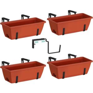 4 Pack Railing Planter Box with Adjustable Brackets 16.9 Inches Fence Planters Hanging Brick Red Deck Railing Planter Boxes Plastic Outdoor Balcony Railing Window Boxes Planters Hanging Flower Box