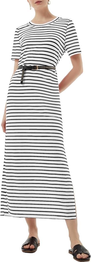 Casly Lamiit Summer Dresses 2024 Stripe Split Loose Casual Long Sundress Vacation Maxi T-Shirt Dresses Elegant Ladies Clothes Black and White Striped XS