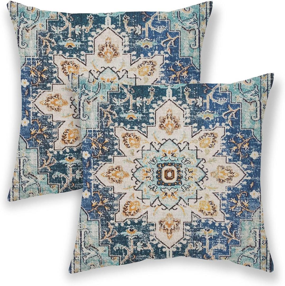 BETGINY Boho Pillow Covers 24x24, Blue and Teal Ethnic Design Outdoor Decorative Throw Pillows for Couch, Carpet Pattern Decor Cushion Cover 2 Pcs Farmhouse Linen Pillowcase for Bed Car Safa
