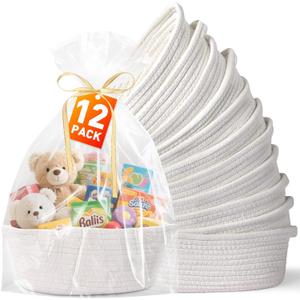 12 Pack Small Woven Basket with Gift Bags and Ribbons,Woven Gift Baskets Empty, White Woven Rope Baby Gift Empty Baskets for Gifts and Storage