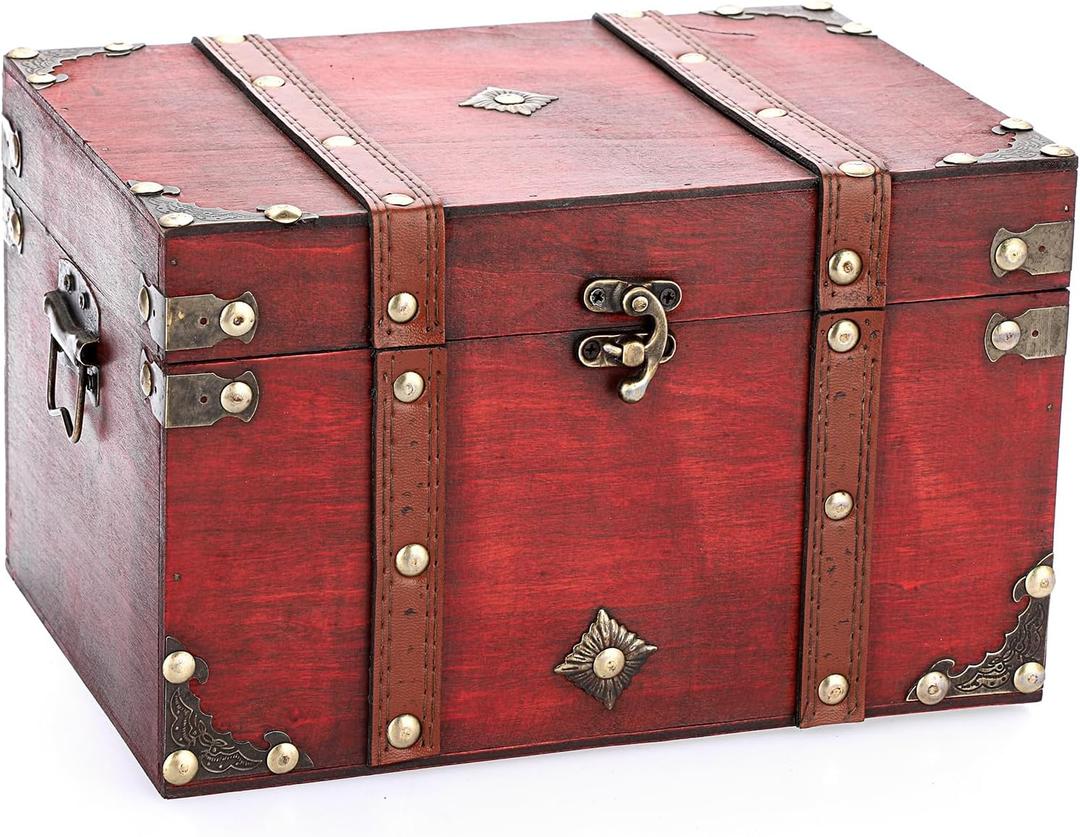 ELLDOO Vintage Treasure Chest, Pirate Keepsakes Box for Gifts, Wooden Storage Box Decorative for Jewelry Pearl Trinkets Tarot Cards, Large