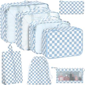 8 Set Packing Cubes for Travel, Luggage Packing Organizers Accessories Large Toiletries Bag for Clothes Shoes Cosmetics (Blue Checkered)