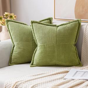 MIULEE Decorative Throw Pillow Covers for Couch Bed Livingroom 18x18 Inch Set of 2 Green Boho Accent Throw Pllows Broadside Striped Patchwork Soft Corduroy Summer Pillowcases