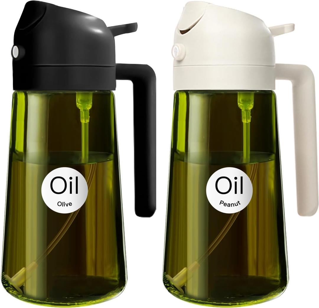 YARRAMATE 16oz/470ml 2PCS Light Blockage Dark Oil Sprayer for Cooking, 2 in 1 Olive Oil Dispenser Bottle for Kitchen, Green Glass Oil Bottle, Food-Grade Oil Mister for Air Fryer, BBQ (Black & White) (05_2pcs Black&white)