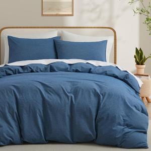 LOVQUE 100% Washed Cotton Duvet Cover King Size, Denim Blue Fade-Resistant Natural Bedding Set (No Comforter), 104x90 Inches