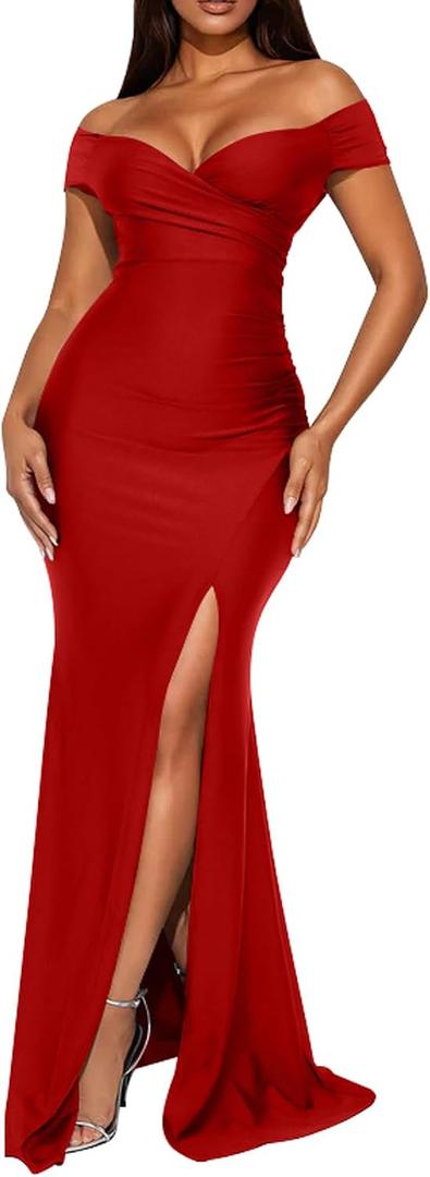 Memoriesea Women's Sexy V Neck Sleeveless Off Shoulder High Split Cocktail Party Maxi Dress (Red, L)