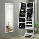 Dressing Mirror with Jewelry Box Full Length Mirror Jewelry Organizer Lockable Wood Standing Jewelry Armoire with Mirror