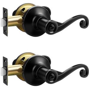 2 Pack Black Matte Interior Door Handle with Lock, Modern Contemporary Style Door Lever for Bedroom and Bathroom, Sleek and Crisp Look