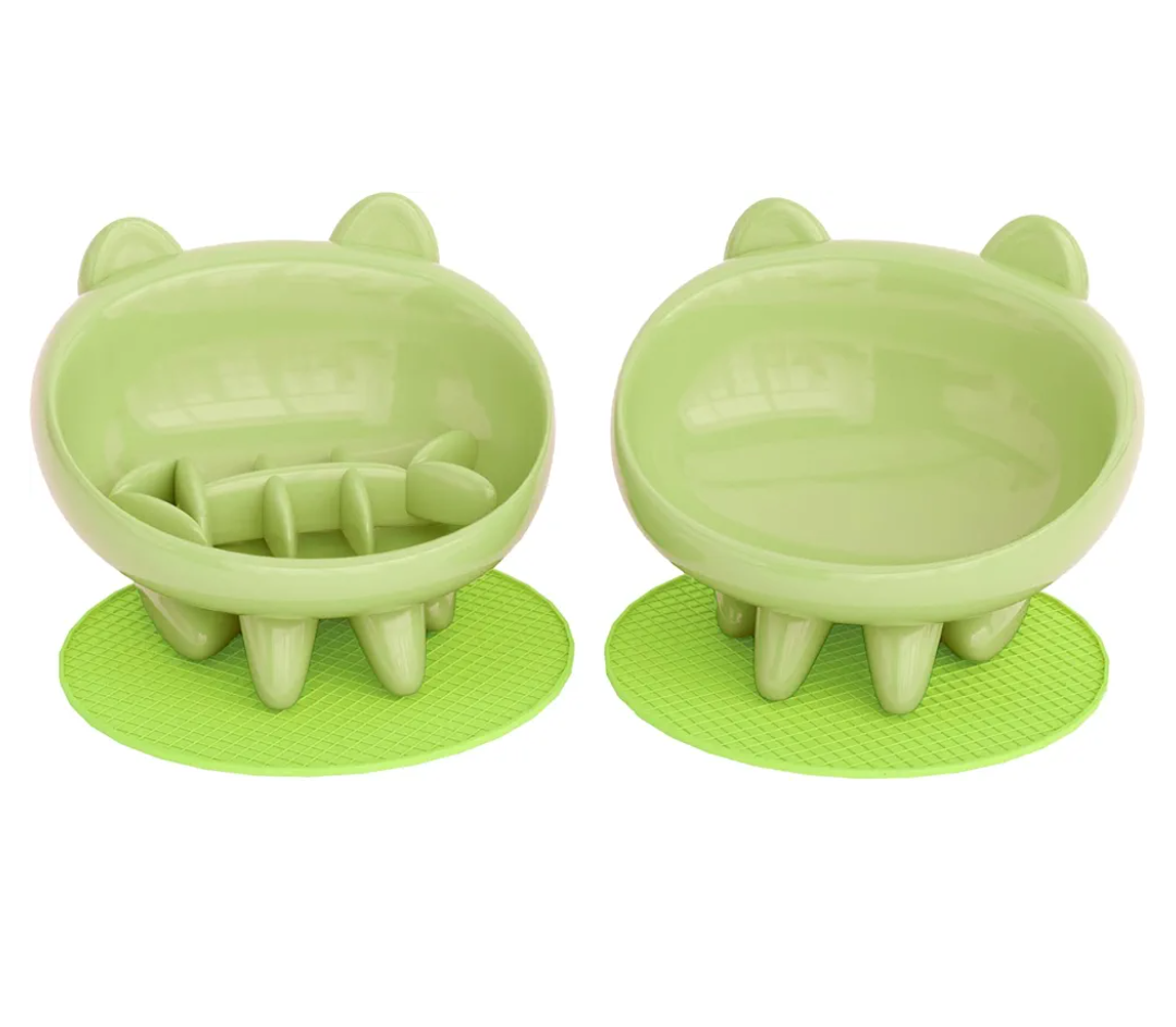 Cat Bowl, Raised Slow Feeder, Inclined Anti-Vomiting Cat Bowl with Non-Slip Mat, Moustache Friendly, Cat Food Dish (Green)
