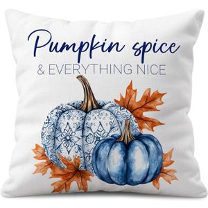 Fall Throw Pillow Cover 16x16 Inch  White Linen Decorative Cushion Cover with Blue Pumpkins and Orange Leaves  Double-Sided Print, Autumn Farmhouse Pillowcase for Couch Sofa Bed