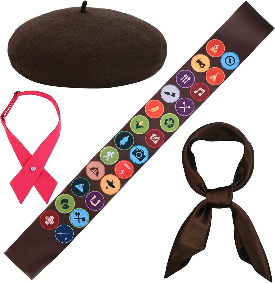 4 Pcs Halloween Scout Costume Set Include Blackish Green Beret Sash Scarf and Bowtie for Women Party Dress Up (Brown)