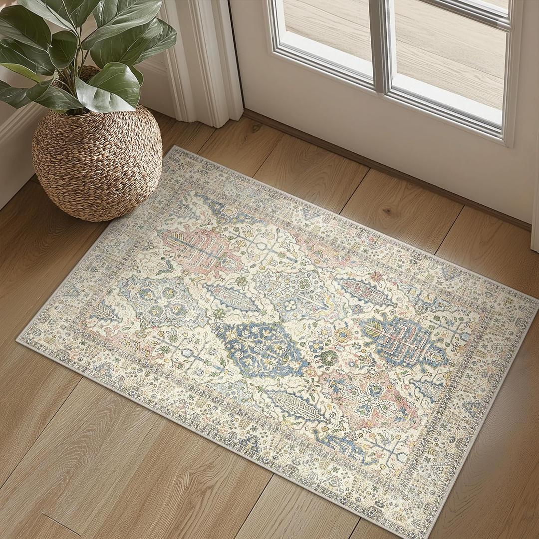Bavni Area Rug 2X3, Small Aesthetic Entryway Rug, Non Slip Rugs for Front Door, Vintage Indoor Washable Carpet for Kitchen Bathroom, Beige Ivory