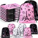 Cunno 24 Pcs Paris Drawstring Bags Favors Eiffel Tower Gift Bags Bulk Paris Birthday Decorations 7.1 Inch Pink White Black Treat Drawstring for Girls Women Gym Birthday Tea Party Supplies