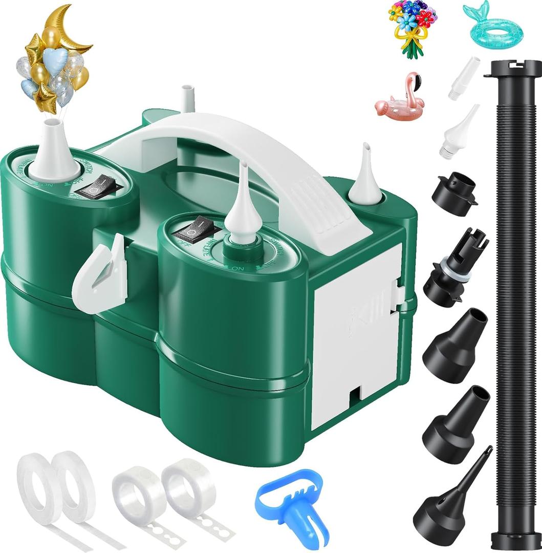3-in-1 Electric Balloon Pump, Portable Air Pump for Latex 260q Foil Balloons, Dual Nozzle Balloon Blower Machine for Party Decoration, 110V AC Inflator Deflator for Inflatables Pool Floats Mattress (Dark Green)