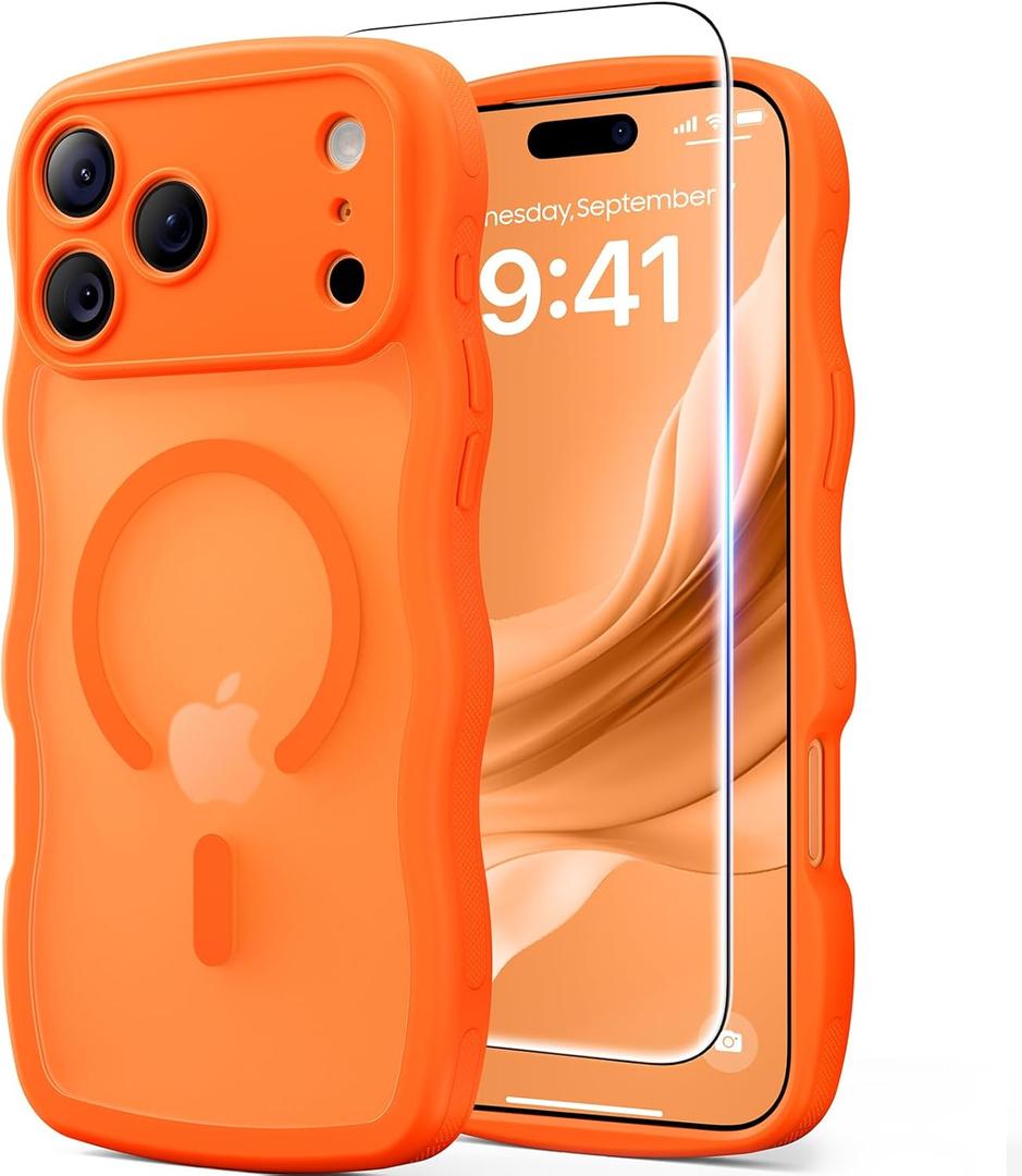 3 in 1 Magnetic for iPhone 17 Pro Case, 1X Screen Protector+1X Wrist Strap, Cute Wavy[Full Camera Protection] [Fit for MagSafe], Trendy Matte Women Girly Case for iPhone 17 Pro 6.3", Cosmic Orange