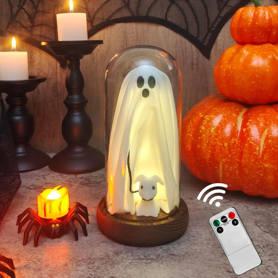 Halloween Decorations Indoor-Light Up Ghost in Glass Cloche-Cute Ghost Walking Dog with Light for Home Kitchen Mantel Tabletop Halloween Decor