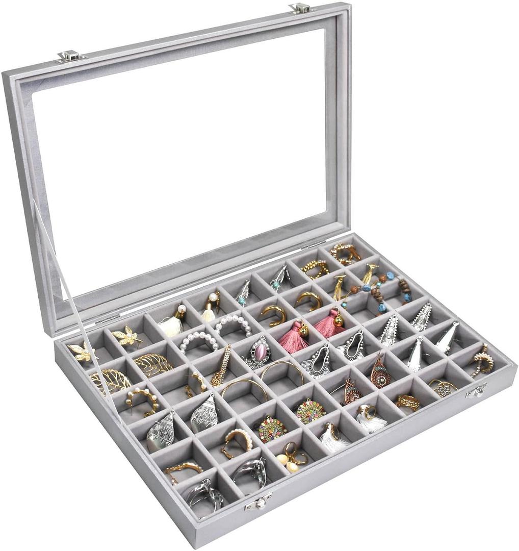 Jewelry Tray Organizer Box 48 Grid Jewelry Display Organizer Box with Transparent Lid Rings Earrings Necklaces Pendants Display Box Suitable for Women and Girls (48 Grid, Silver Grey)