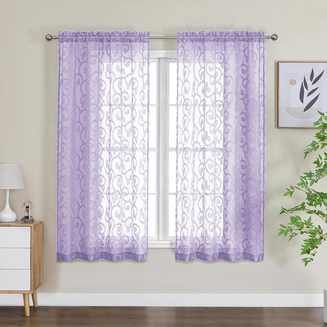 OWENIE Furman Sheer Curtains 63 inch Length for Bedroom Living Room 2 Panels Set, Jacquard Clip Textured Semi Sheer Curtains, Light Filtering Rod Pocket Farmhouse Darpes, 40Wx63L inch, Light Purple (Lavender)