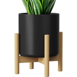 8 Inch Ceramic Planter with Wood Stand, Mid-Century Modern Minimalist Design Plant Pot with Drainage & Luxurious Stand for Indoor Home Decor (Black)