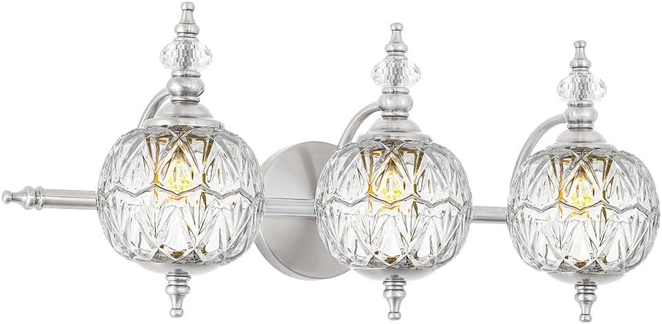 Brushed Nickel Bathroom Vanity Light Fixture Vintage Style - 3 Light G9 Bulb Compatible, 23" Wide Bathroom Lighting Over Mirror with Hand-Etched Glass Shades, Easy Mount for Makeup Area