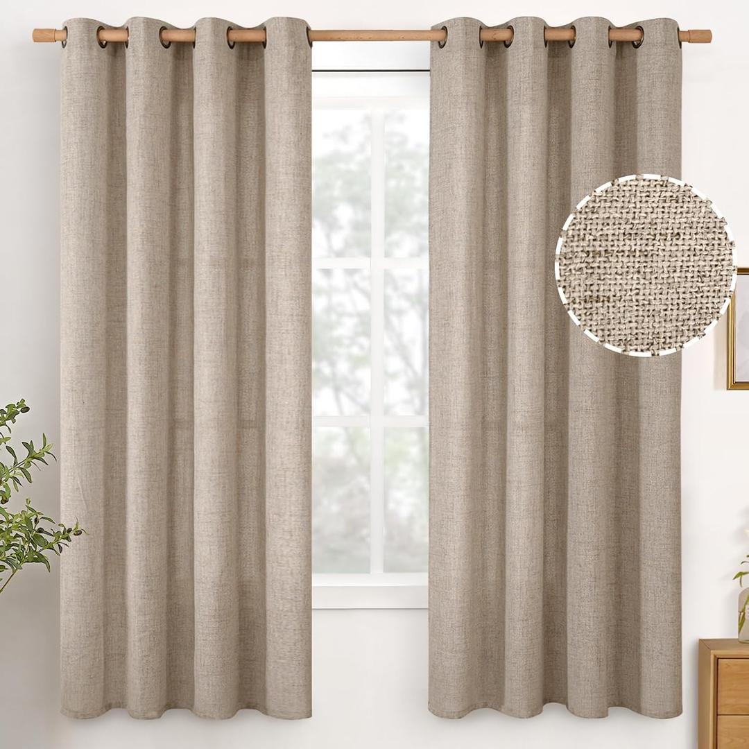 YoungsTex Dark Oatmeal Linen Curtains 68 Inch Length for Living Room, Light Filtering Burlap Textured Drapes with Bronze Grommet Privacy for Bedroom Farmhouse Rustic, 52 x 68 Inch, 2 Panels