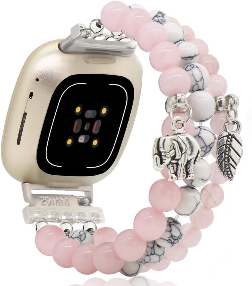 C&L Accessories Bracelets Compatible with Fitbit Versa 3 Bands/Versa 4 Bands/Fitbit Sense 2/Sense Bands for Women Men Beaded Gemstone (Rose Quartz/White)
