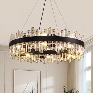 Siljoy Modern Black Crystal Chandelier 16 Lights Industrial Round 2-Tiers K9 Crystal Raindrop Chandelier Farmhouse Flush Mount Pendant Ceiling Light for Dining Living Room Bedroom Entryway D31.5''