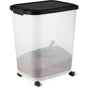 Amazon Basics Pet Food Storage Container with Wheels, BPA-Free, Detachable Scoop, 30lbs Capacity, Reliable Seal