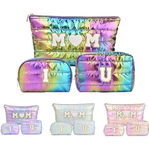 Hiroyuki 3pcs Iridescent Quilted Makeup Bag (ILOVEUMOM, rainbow)