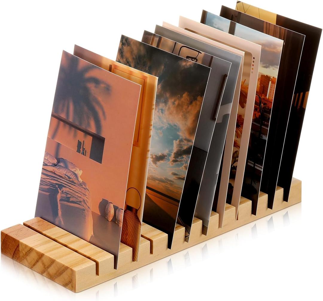 Marsui 1 Pc Christmas Greeting Card Display Stand 12 Slot Wooden Card Holder Multi Purpose Rack Tabletop Photo Organizer for Vendor Postcards Post Sticker Bookmark Home Office Decoration (Wood)