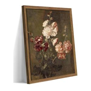 Vintage Framed Canvas Wall Art, Modern Farmhouse Floral Oil Painting, Rustic Flower Botanical Wall Decor, Retro Hollyhocks Poster Prints for Bedroom Living Room Kitchen Decor 16x24 inch