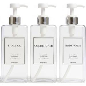 Modern Design Shampoo and Conditioner Dispenser, Large 27oz Shower Soap Dispenser, Set of 3 Refillable Empty Plastic Pump Bottles for Bathroom, 6 Waterproof Labels Included, (Clear & Silver)