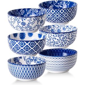 Ceramic Dessert Bowls Set - 11 Oz Small Ice Cream Bowl for kitchen - 4.7 Inch Porcelain Cereal Bowl for Fruits, Salad, Side Dishes, Ramen - Microwave Dishwasher Safe - Set of 6 - Vintage Blue