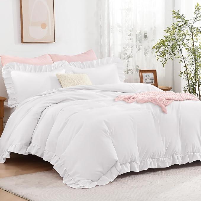 White Ruffle Duvet Cover King(104x90Inch), 3 Pieces Ruffle Farmhouse Shabby Chic Duvet Cover for Girls Kids Women, Soft Polyester Duvet Cover Set with Zipper Closure & Corner Ties