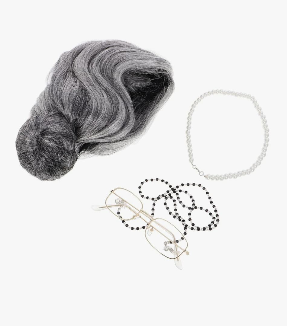 Old Lady Costume Set Wig Glasses Necklace Eyeglass Chain for Halloween Themed Parties and Stage Plays Versatile Elderly Character Dress up