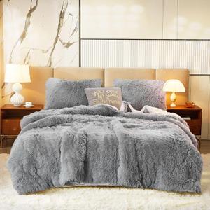 Flysheep Luxury Faux Fur Shaggy Comforter Set Full/Queen Size, Plush & Sherpa Reversible Comforter Grey, 3 Pieces Fluffy Fuzzy Bedding Set Ultra Soft and Warm for Winter (1 Comforter + 2 Pillowcases)