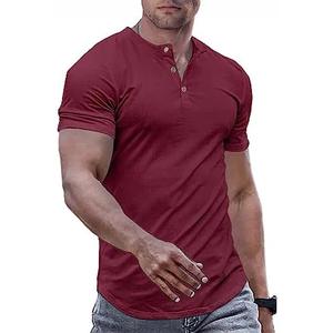 JMIERR Mens Muscle Slim Fit Button Henley Shirts Summer Crewneck Short Sleeve Longline Fitted T-Shirt Gym Workout Athletic Tees Shirt for Men, Large, Red