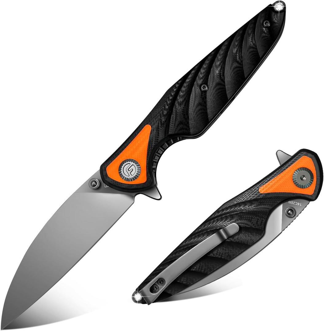 FINTISO Pocket Knife 3.15" Folding Knife Premium 14C28N Blade, Black and Orange G10 Handle Bicolour Design with Liner Lock Pocket Clip for Men Women, Small EDC Knife for Camping, Hunting, Hiking, Survival and Outdoor Activities, Toucans Series