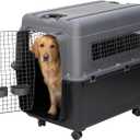 SportPet Airline Compliant X-LARGE 32.25" Travel Dog Kennel-Durable Plastic Airline Pet Carrier w/Removable Wheels & Food Bowls, Collapsible Indoor/Outdoor Dog Kennel, Dogs up to 32"L & 23"H-Dark Gray